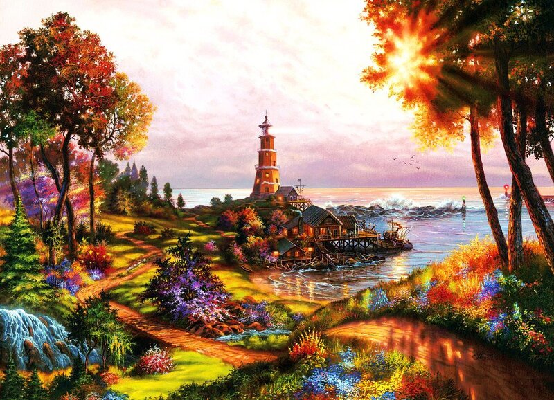Lighthouse on Coastal Hill — Orange, Serene