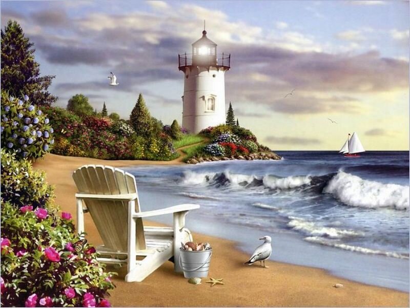 Lighthouse on Coastal Island — Blue, Serene