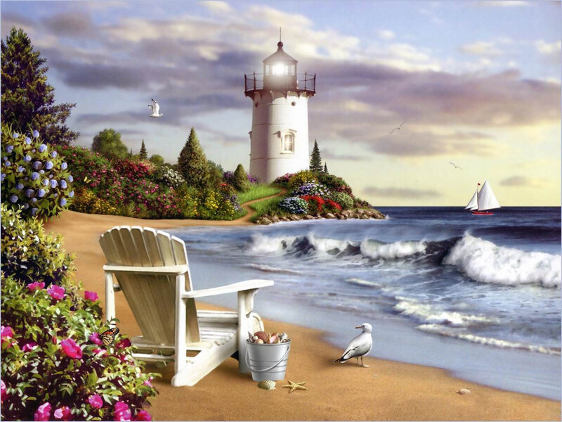 Lighthouse on Coastal Island — Blue