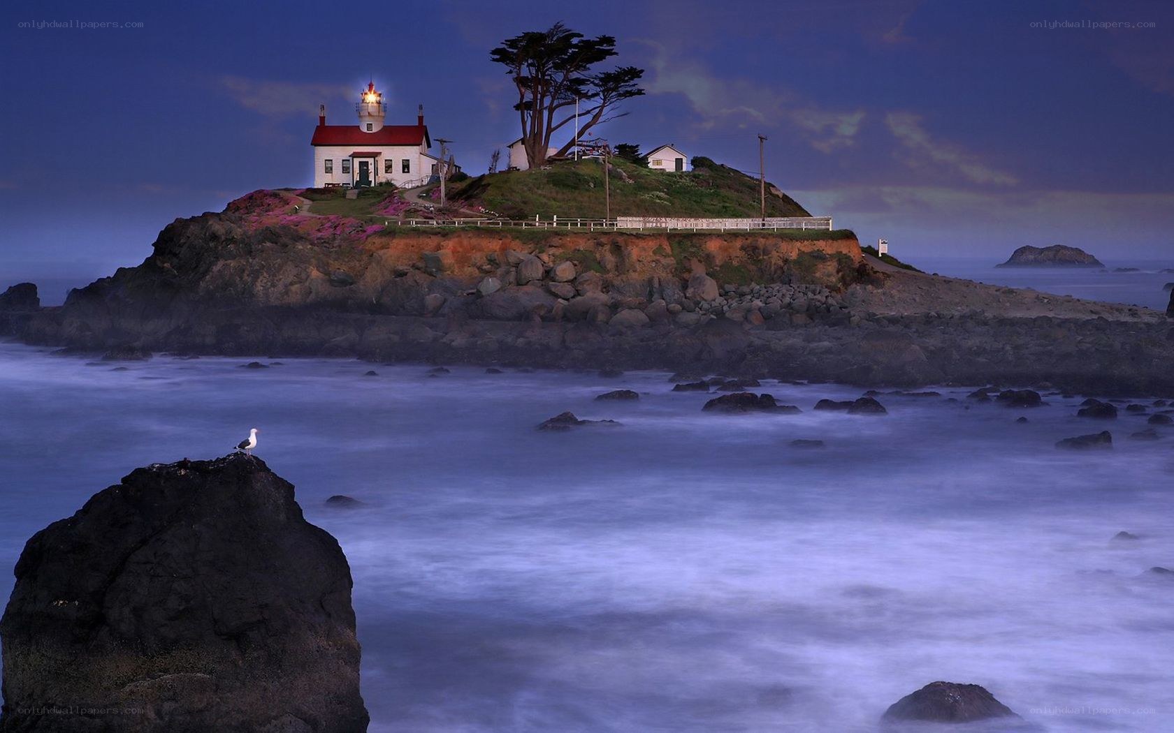 Lighthouse on coastal rock at dusk