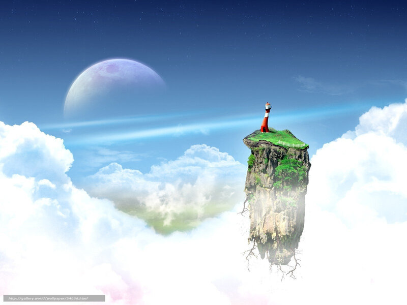 Lighthouse on Floating Island — Blue, Serene, Night