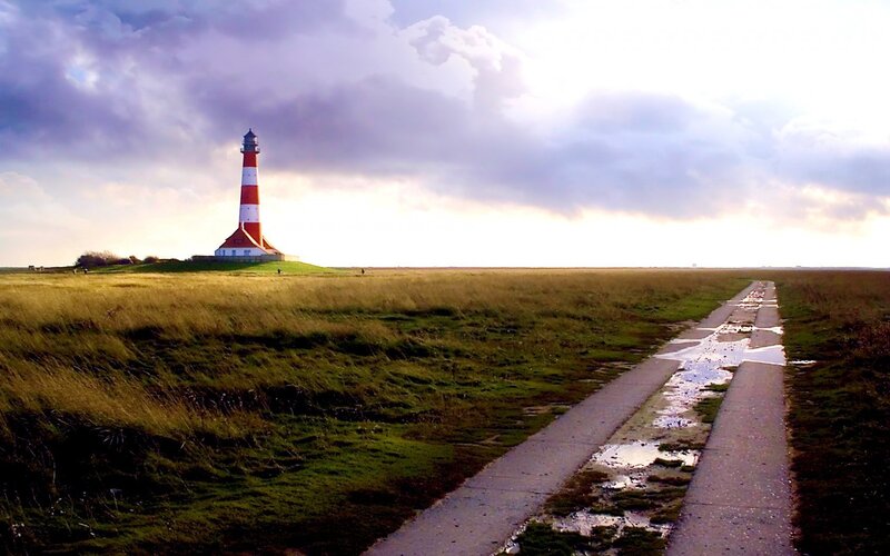 Lighthouse on Grassy Hill — Green, Dramatic, Sunset, Photograph, Path