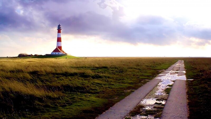 Lighthouse on Grassy Hill — Green, Dramatic, Sunset