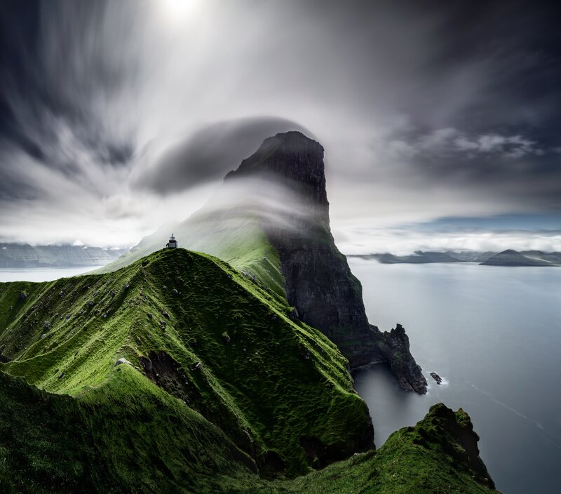 Lighthouse on Green Cliff — Dramatic, Photograph