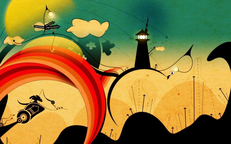 Lighthouse on Hill — Yellow, Dreamy, Sunset, Illustration