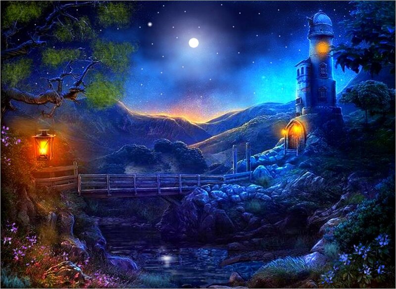 Lighthouse on Hillside — Blue, Serene
