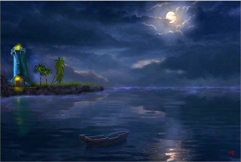 Lighthouse on Island — Blue, Dramatic