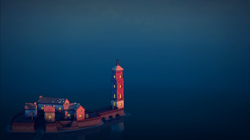 Lighthouse on Island — Blue, Serene, Night