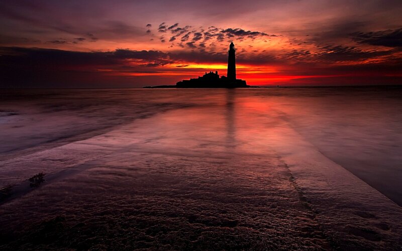 Lighthouse on Island — Red, Dramatic, Sunset