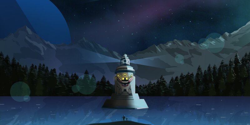 Lighthouse on Lake — Blue, Serene