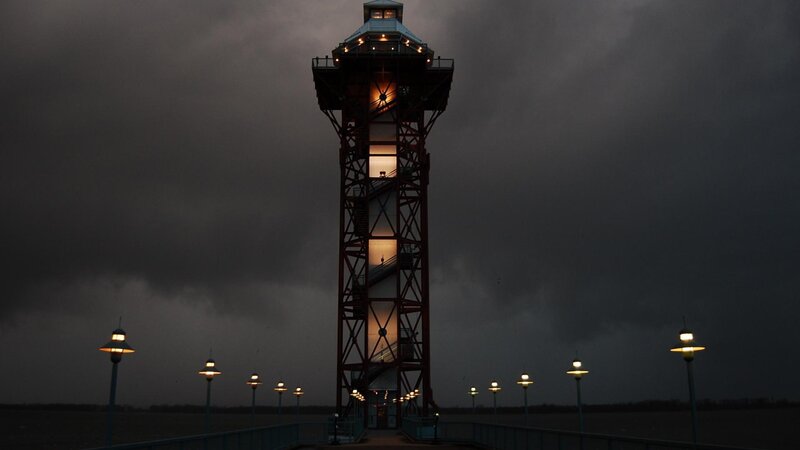 Lighthouse on Pier — Black, Dramatic, Night