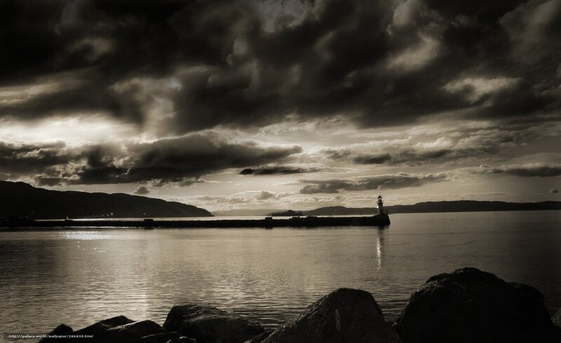 Lighthouse on Pier — Black, Dramatic, Sunset, Photograph, Clouds