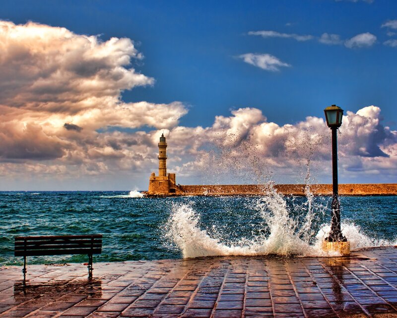 Lighthouse on Pier — Blue, Dramatic, Afternoon, Photograph