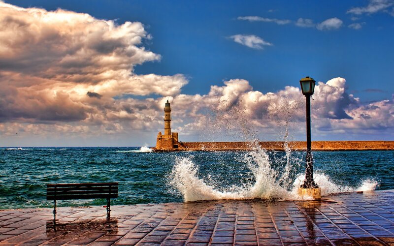 Lighthouse on Pier — Blue, Dramatic, Afternoon