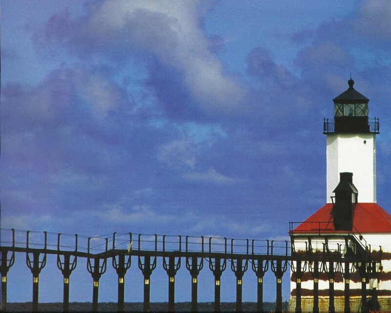 Lighthouse on Pier — Blue, Dramatic, Photograph