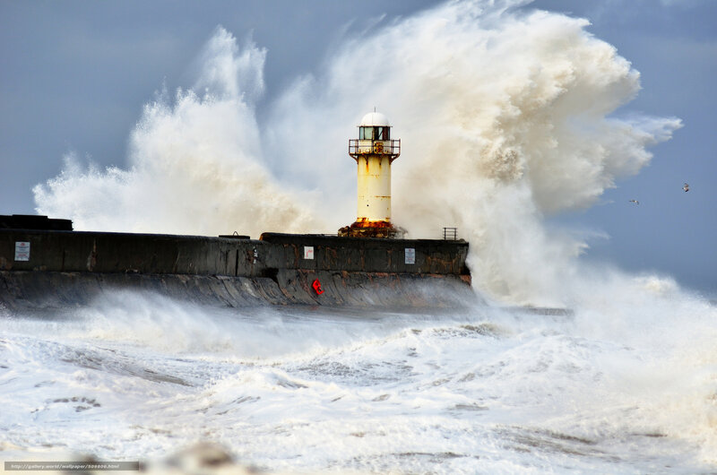 Lighthouse on Pier — Blue, Dramatic, Photograph, Waves, Seagulls