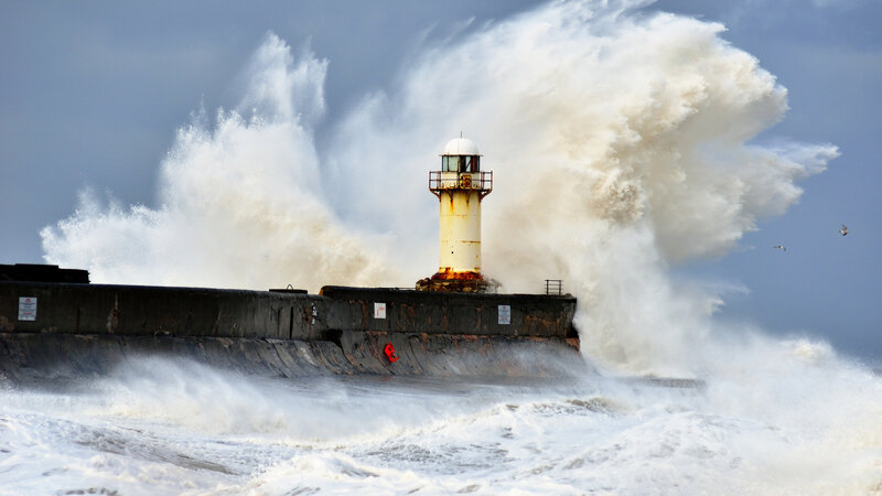 Lighthouse on Pier — Blue, Dramatic, Photograph, Waves