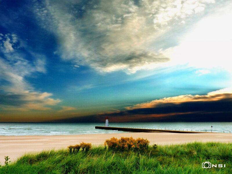 Lighthouse on Pier — Blue, Dramatic, Sunset, Photograph, Beach