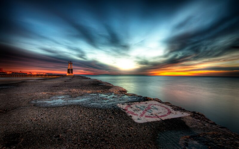 Lighthouse on Pier — Blue, Dramatic, Sunset, Photograph, Sea