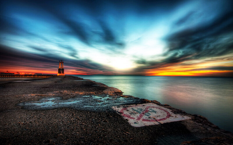 Lighthouse on Pier — Blue, Dramatic, Sunset, Photograph