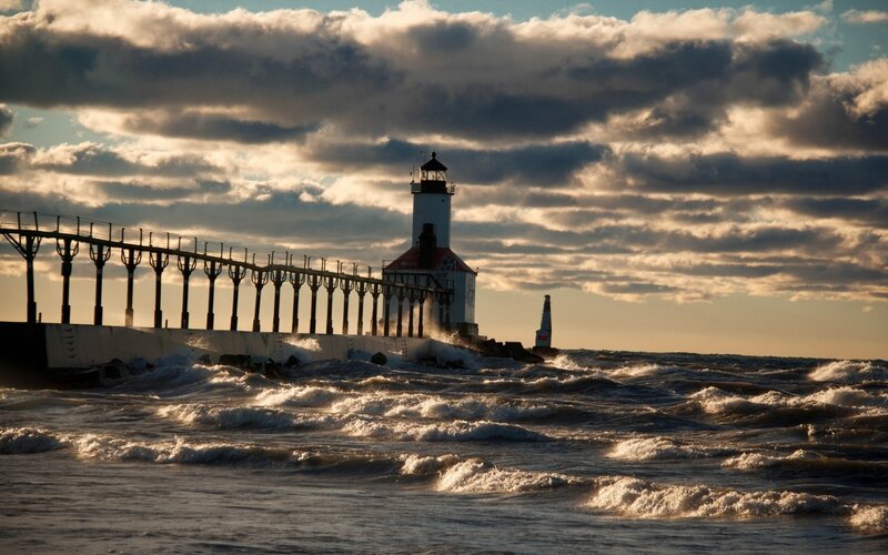 Lighthouse on Pier — Blue, Dramatic, Sunset, Photograph, Waves