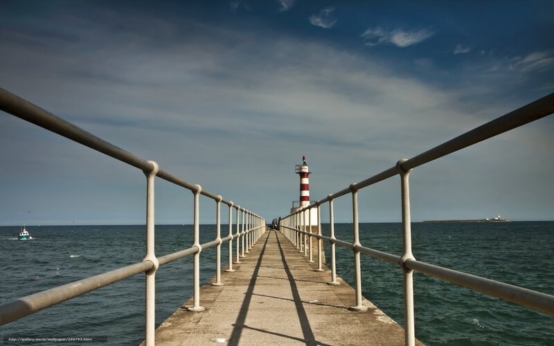 Lighthouse on Pier — Blue, Serene, Afternoon, Photograph, Ocean, Boat