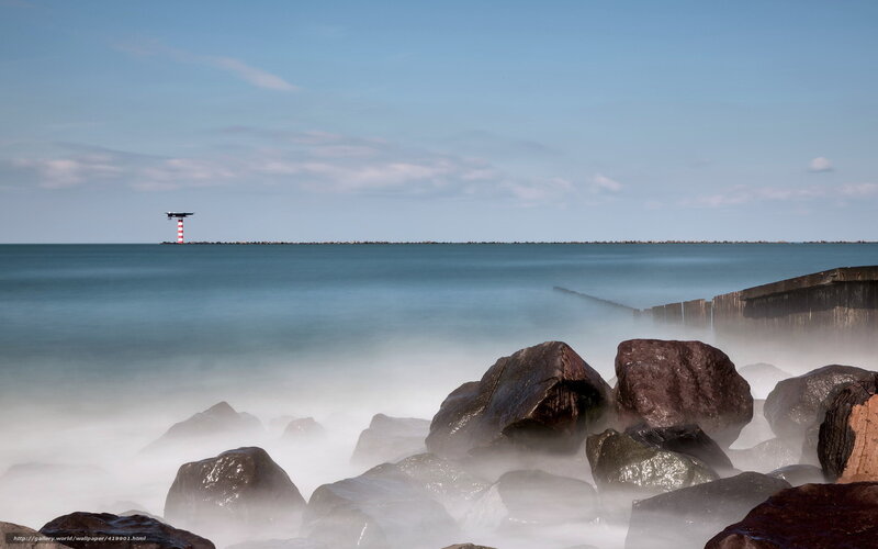 Lighthouse on Pier — Blue, Serene, Afternoon, Photograph, Rocks, Sea