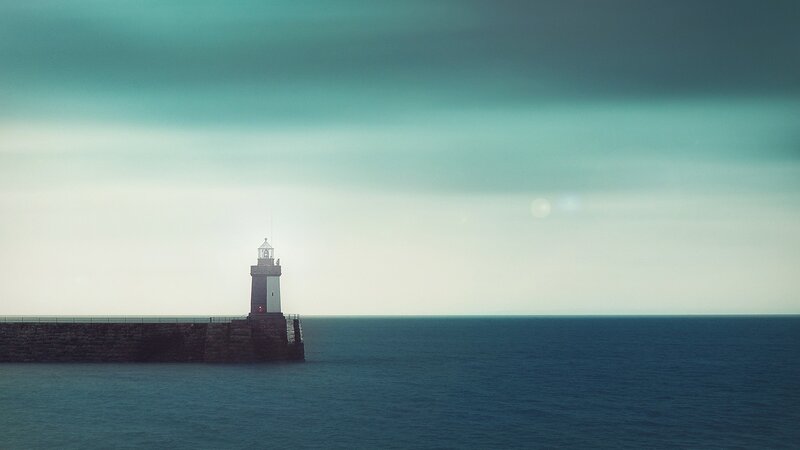 Lighthouse on Pier — Blue, Serene, Morning, Photograph, Ocean, Sky