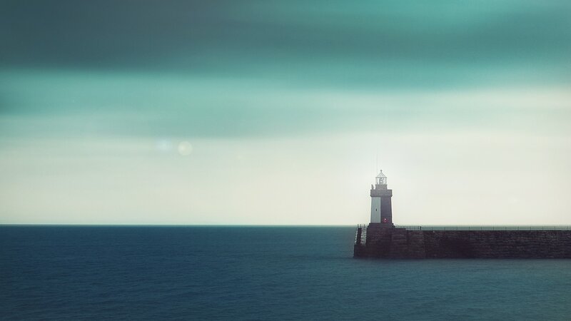 Lighthouse on Pier — Blue, Serene, Morning, Photograph
