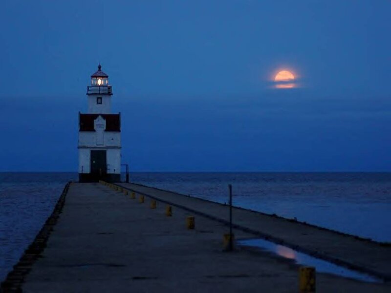 Lighthouse on Pier — Blue, Serene, Night, Photograph