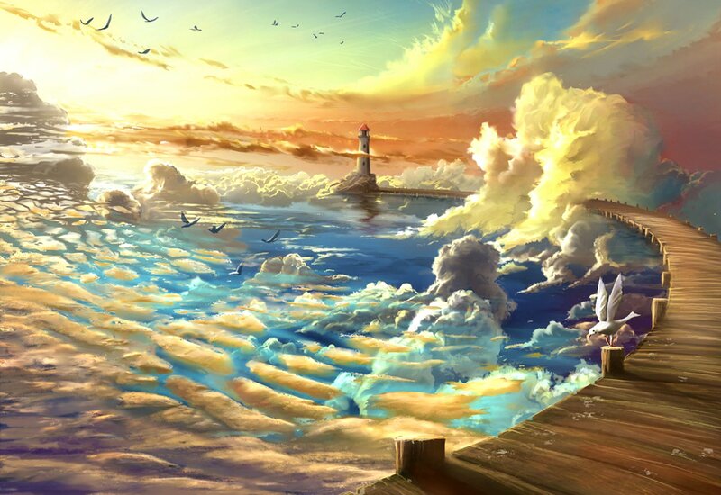 Lighthouse on Pier — Blue, Serene, Sunset, Digital Art