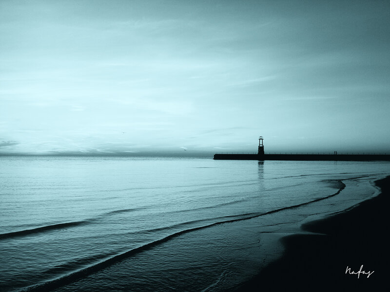 Lighthouse on Pier — Blue, Serene, Sunset, Photograph, Sea