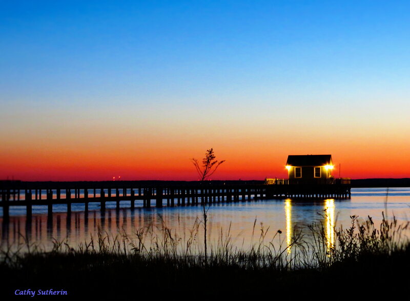 Lighthouse on Pier — Blue, Serene, Sunset, Photograph, Sky