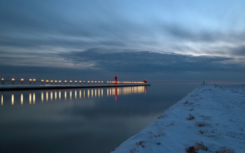 Lighthouse on Pier — Blue, Serene, Winter