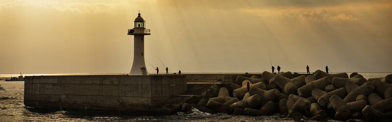 Lighthouse on Pier — Gold, Dramatic, Sunset, Photograph
