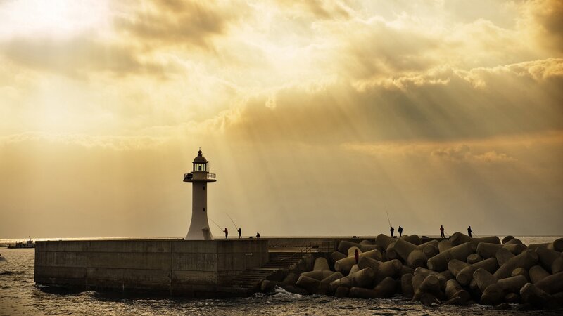 Lighthouse on Pier — Gold, Dramatic