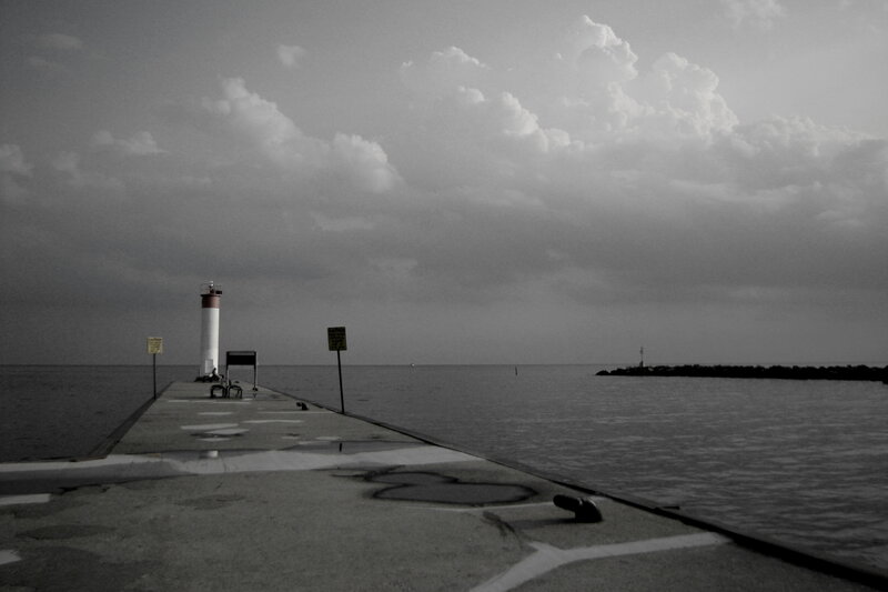 Lighthouse on Pier — Gray, Dramatic, Afternoon
