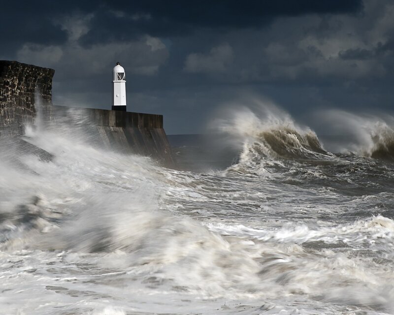 Lighthouse on Pier — Gray, Dramatic, Photograph