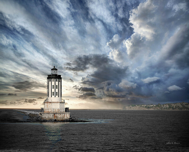 Lighthouse on Pier — Gray, Dramatic, Sunset, Photograph, Ocean