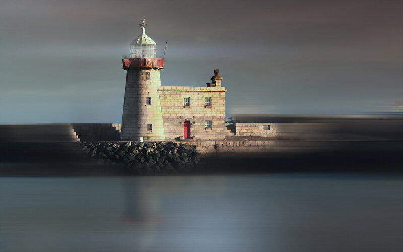 Lighthouse on Pier — Gray, Dramatic, Sunset, Photograph
