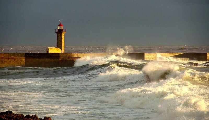 Lighthouse on Pier — Gray, Dramatic, Sunset, Photograph, Waves