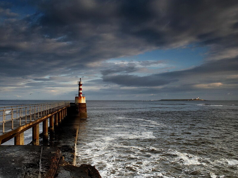 Lighthouse on Pier — Gray, Dramatic