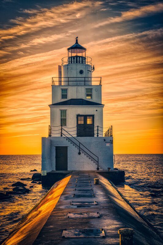 Lighthouse on Pier — Orange, Dramatic, Sunset