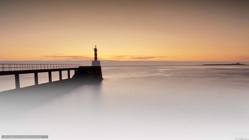 Lighthouse on Pier — Orange, Serene, Sunset, Photograph, Sea