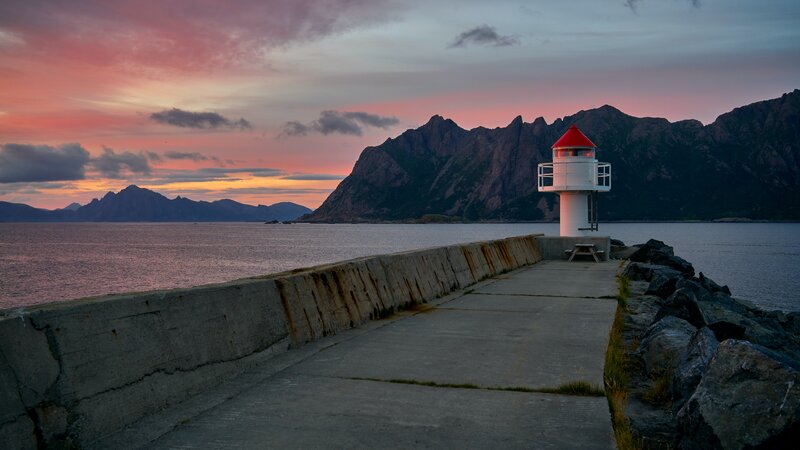 Lighthouse on Pier — Pink, Serene, Sunset