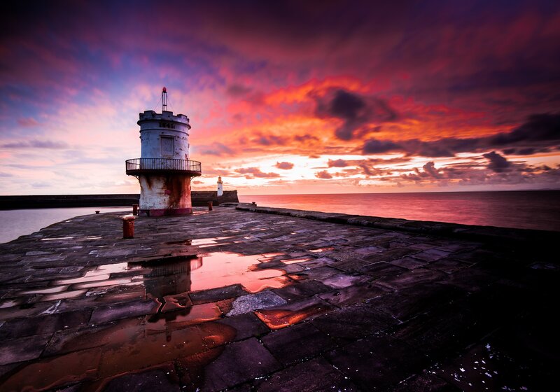 Lighthouse on Pier — Purple, Dramatic, Sunset