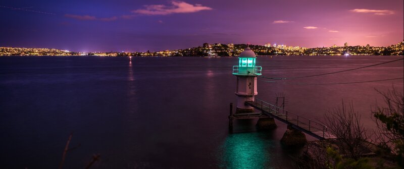 Lighthouse on Pier — Purple, Serene, Night, Photograph