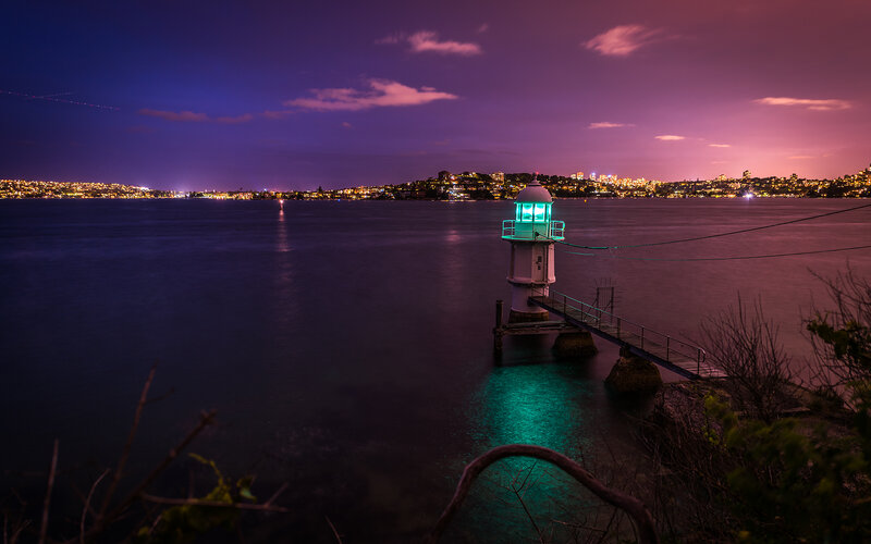 Lighthouse on Pier — Purple, Serene, Night