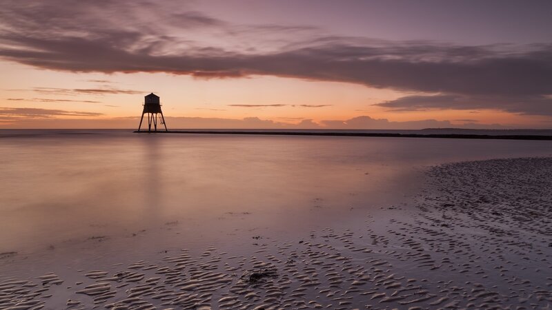 Lighthouse on Pier — Purple, Serene, Sunset, Photograph, Ocean