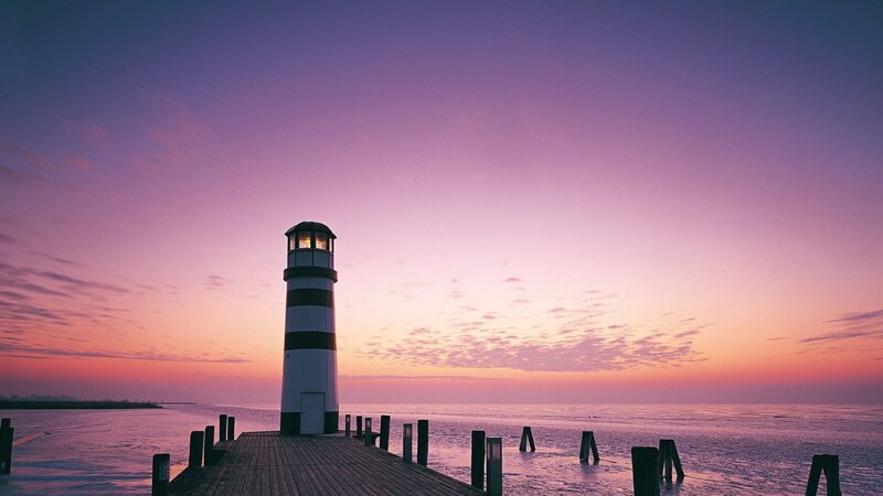 Lighthouse on Pier — Purple, Serene, Sunset, Photograph, Sea, Sky, Pink